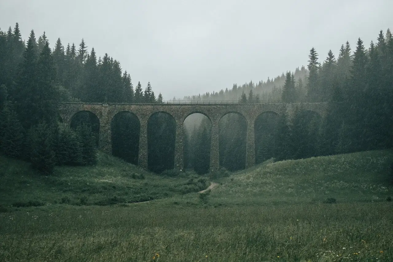 Old train bridge in rainy weater